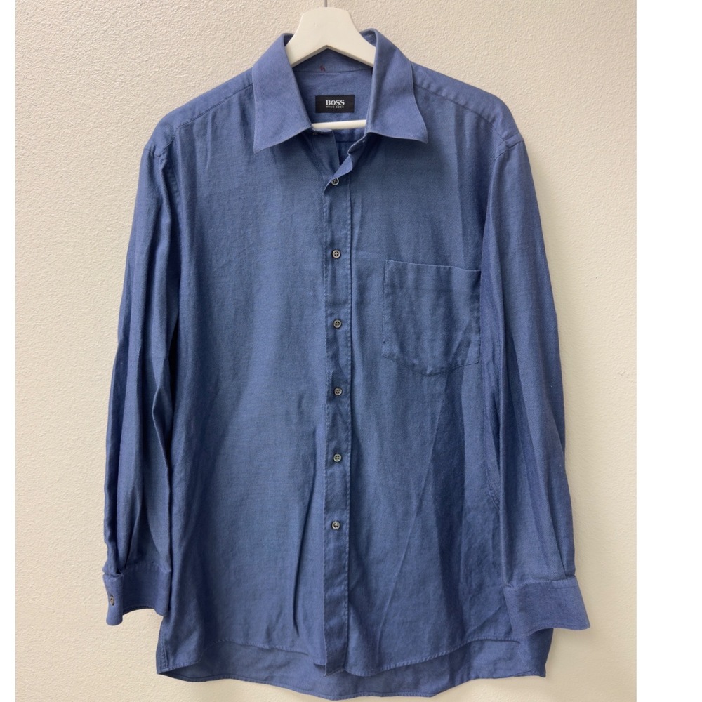 Hugo Boss Button Down Shirt Mens 16.5 32/33 Blue Striped Cotton Long Sleeve